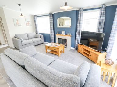 A living room with two grey sofas a wooden coffee table a wooden tv stand a television a fireplace and two windows with plaid curtains at Sunset Lodge in Woodhall Spa