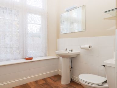 A bathroom with a window covered in lace curtains a pedestal sink a wall mirror and a toilet at Alston Hall in Battisborough Cross