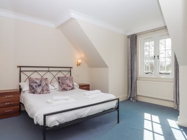 A bedroom with a bed side tables window and blue carpet at Alston Hall in Battisborough Cross