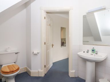 A bathroom with a toilet with wooden seat a sink with mirror and a door leading to a carpeted room at Alston Hall in Battisborough Cross