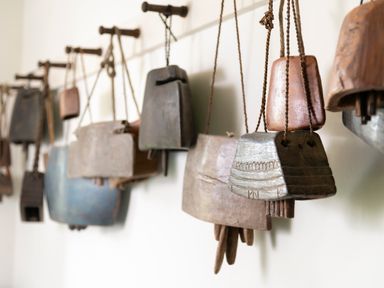 A collection of rustic wooden and metal cowbells hanging on wooden pegs on a white wall at Bank Barn Wreay in Watermillock