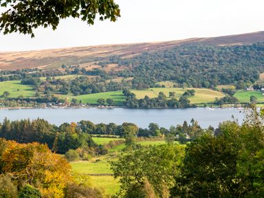 A lake surrounded by hills and fields with trees and boats on the water at Bank Barn Wreay Watermillock