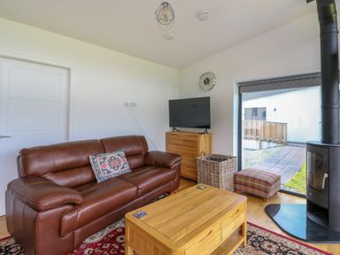 A living room with a brown leather sofa a wooden coffee table a television on a wooden dresser a plaid footstool and a wood stove at 6 Strathtay Lodges Aberfeldy
