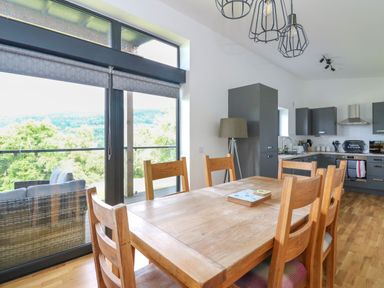 A dining area with wooden table and chairs next to large windows overlooking trees and a kitchen with grey cabinets at 6 Strathtay Lodges in Aberfeldy