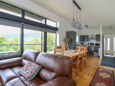 An open living room and kitchen with brown leather sofa, wooden dining table and chairs, large windows and hardwood floor at 6 Strathtay Lodges Aberfeldy