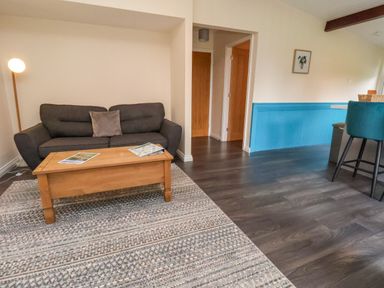 A living area with a gray sofa a wooden coffee table and a floor lamp at Cowslip in Saltburn-By-The-Sea