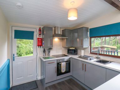 A kitchen with grey cabinets a stove oven microwave sink and blue blinds at Cowslip in Saltburn-By-The-Sea