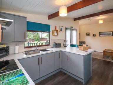 A kitchen with a stove a sink a window and cabinets at Cowslip in Saltburn-By-The-Sea