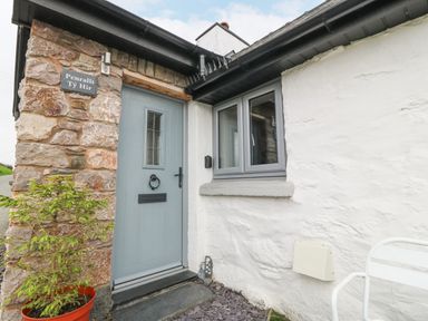An entrance door with a window next to it and a stone wall with a sign on a white house at Penrallt in Rhydlydan