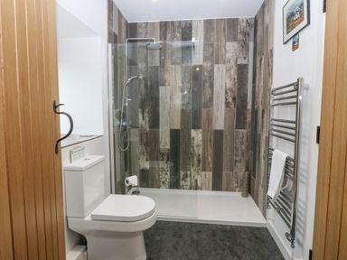 A bathroom with a toilet a walk-in shower with wood-patterned tiles and a towel rack at Penrallt in Rhydlydan