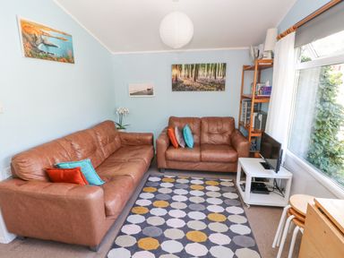 A living room with two brown leather sofas a patterned rug a small white TV stand with a television and a wooden shelving unit at Milkwood in Elmrise Park near Llansteffan