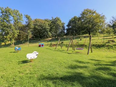 A playground with swings, spring riders, a climbing tunnel, and a picnic table on grass at Milkwood in Elmrise Park near Llansteffan