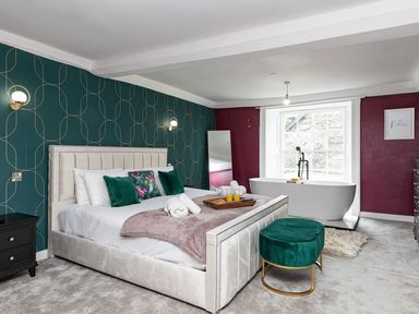 A bedroom with a bed and a bathtub at Snowdonia Manor in Dolgellau
