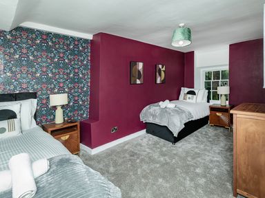 A bedroom with two beds and artwork on the walls at Snowdonia Manor in Dolgellau