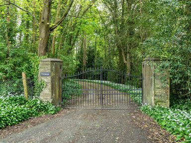 A gate and pathway surrounded by trees and flowers at Y Llvyn in Dolgellau