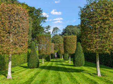 An outdoor garden with neatly trimmed trees and bushes with a sculpture at the end of the pathway at Seascape in Kingsand