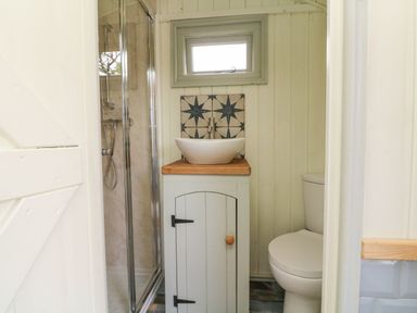 A small bathroom with a shower cubicle a white cabinet with a vessel sink and a toilet at Cuckoo's Nest in South Molton