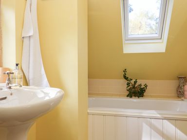 A bathroom with a white sink towel on the wall a bathtub with a plant and a window at Highgrove Barn in Painswick