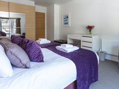 A bedroom with two single beds with purple throws and pillows a white dresser with flowers and a mirrored wardrobe at 21 Dart Marina in Dartmouth