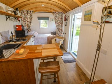 A studio with kitchen counter and bed at Higher Merther Farm Shepherds Hut Helston