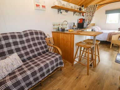 A hut interior with a sofa and kitchen area at Higher Merther Farm Shepherds Hut Helston
