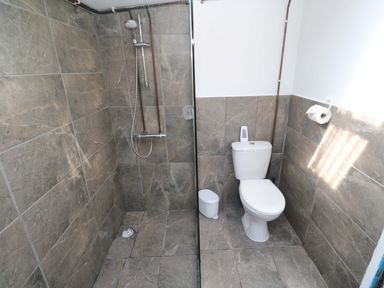 A bathroom with a shower and toilet at Higher Merther Farm Shepherds Hut Helston