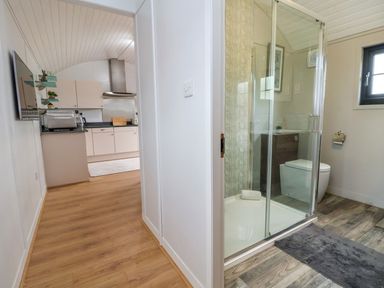 A hallway leading to a kitchen on the left and a bathroom with a shower on the right at The View in Bangor-On-Dee
