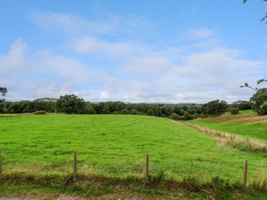 A green grassy field with a wire fence and trees in the distance at The View in Bangor-On-Dee
