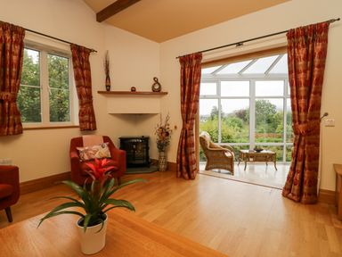 A living room with red curtains a red armchair a small fireplace a plant on a wooden table and a wicker chair by windows at Blue Hill House in Ambleside