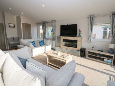 A living room with two sofas a coffee table a television and window curtains at Brocklebank Lodge 35 in High Hesket near Armathwaite