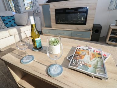 A coffee table with two empty wine glasses a bottle of white wine a small plant and magazines in a living room