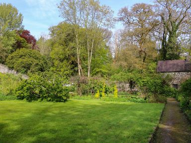A garden with trees bushes and a stone building with a path at Trem-Yr-Afon in Aberaeron
