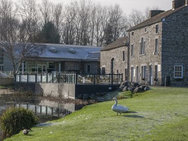 A stone building next to a pond with a swan on grass at The Three Bears Lodge Coniston Drive 11 South Lakeland Leisure Village near Warton