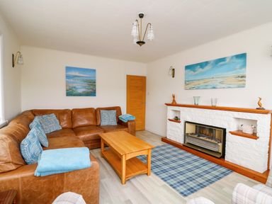 A living room with a brown leather sofa blue cushions a wooden coffee table a white fireplace and seascape paintings at Carousel in Broad Haven