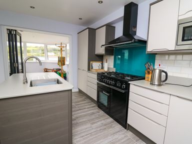 A kitchen with a sink on an island a black stove a kettle and knives at Carousel in Broad Haven