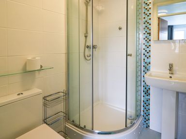 A bathroom with a corner shower unit a toilet and a sink with a mirror above at Carousel in Broad Haven