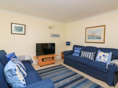 A living room with two blue sofas a TV on a wooden stand and nautical-themed cushions at 8 Dartmouth House in Dartmouth