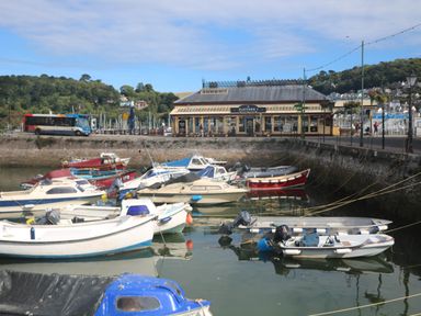 A harbor with several boats docked and a building with platform 1 sign in the background at 8 Dartmouth House in Dartmouth