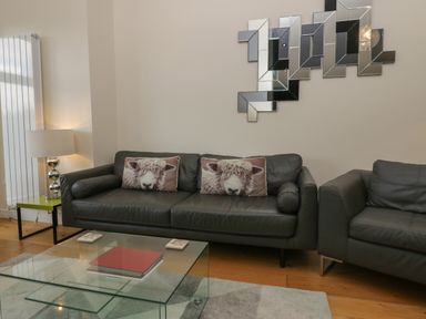 A living room with two gray sofas with sheep pillows a glass coffee table with books a lamp on a side table and a geometric mirror on the wall at 12 Blue Hill Park in Ambleside