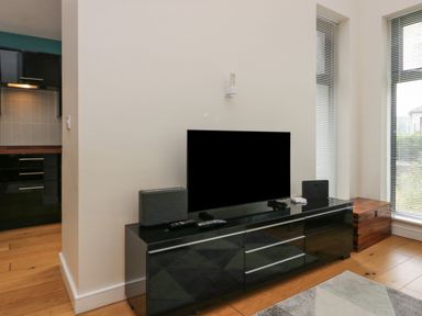 A black TV stand with a flat screen TV speaker and remote controls in a room with wooden floors and large windows at 12 Blue Hill Park in Ambleside
