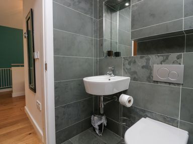 A small bathroom with a wall-mounted sink toilet and toilet paper holder at 12 Blue Hill Park in Ambleside