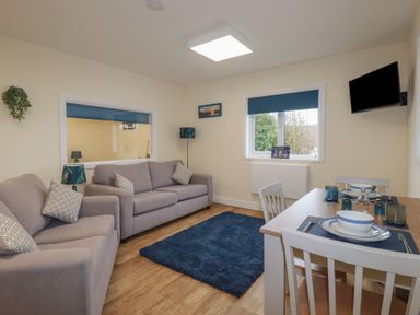 A living room with two grey sofas a blue rug a window a wall mounted television and a dining table set with blue and white dishes at Kingfisher Lodge in Treverbyn near St Austell