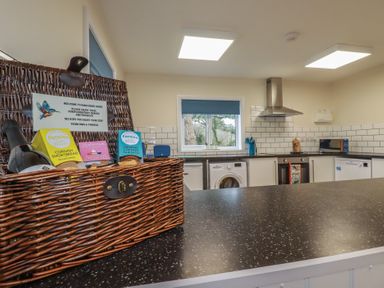 A kitchen with a wicker basket containing snacks and prosecco on the counter near washing machine oven and microwave at Kingfisher Lodge in Treverbyn near St Austell