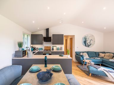 A modern open-plan kitchen and living area with grey cabinets dining table with tableware and blue sofa at Maple Lodge in Angarrack
