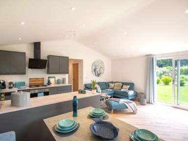 An open-plan kitchen and living area with grey cabinets blue sofa and sliding glass door to garden at Maple Lodge in Angarrack
