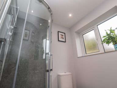 A bathroom with a curved glass shower enclosure a white toilet a window with frosted glass and a plant on the windowsill at Elder Cottage Studio in Perranwell Station near Ponsanooth
