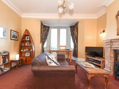 A living room with a brown sofa a wooden coffee table a television a fireplace and a wooden bookshelf shaped like a boat at Claremount in Alnmouth