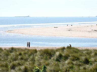 A beach scene with sea, sand, grass, and people walking at Claremount in Alnmouth