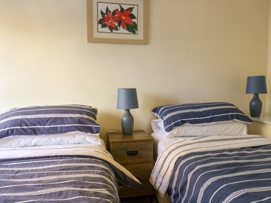A bedroom with two single beds with striped bedding a wooden nightstand with a lamp and a framed floral artwork on the wall at 30 Fleet Street in Beaminster