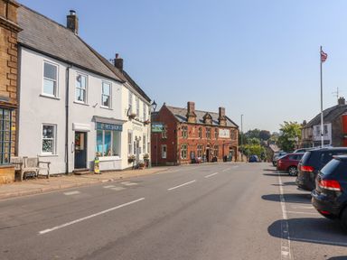 A street with a pet shop and pub on the left and parked cars on the right at 30 Fleet Street in Beaminster